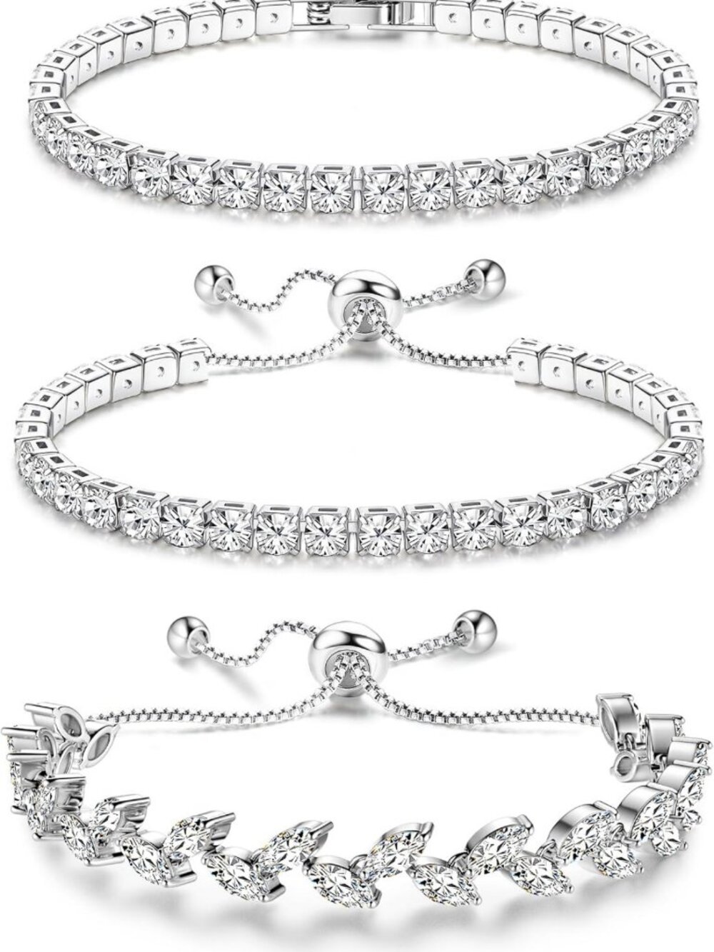 Elegant Silver Tennis Bracelets Set | 3Pcs Adjustable CZ Diamond Jewelry for